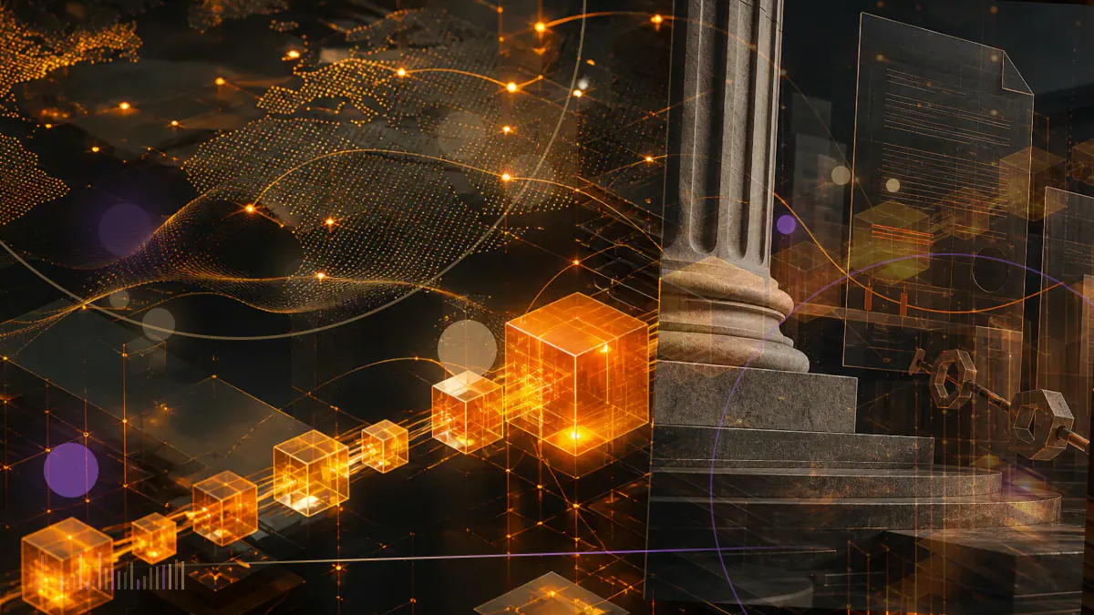 Conceptual illustration of a federally supervised bank connecting conventional deposit ledgers with tokenized dollars and blockchain settlement rails
